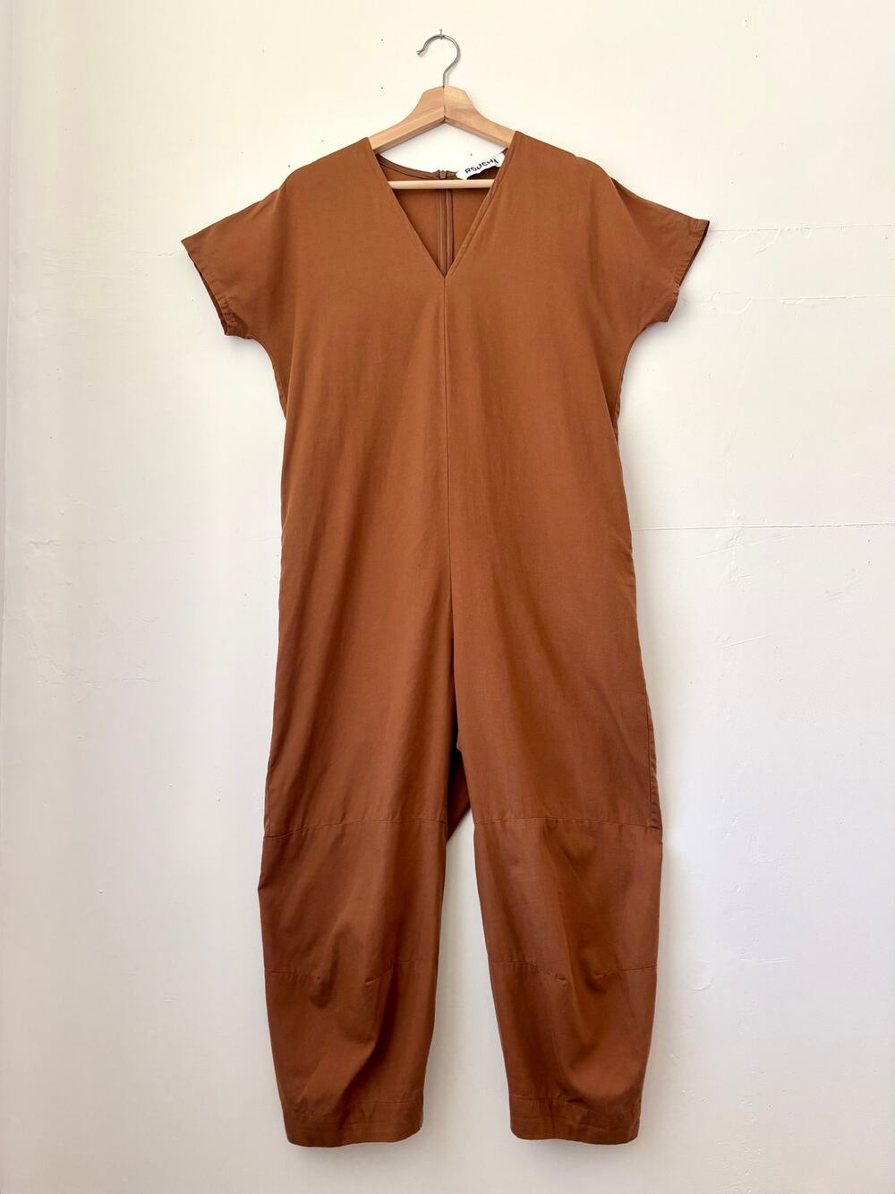 $288 Roucha Brown Barrel Leg Jumpsuit (Made in USA) Size AA or Small, Minimalist